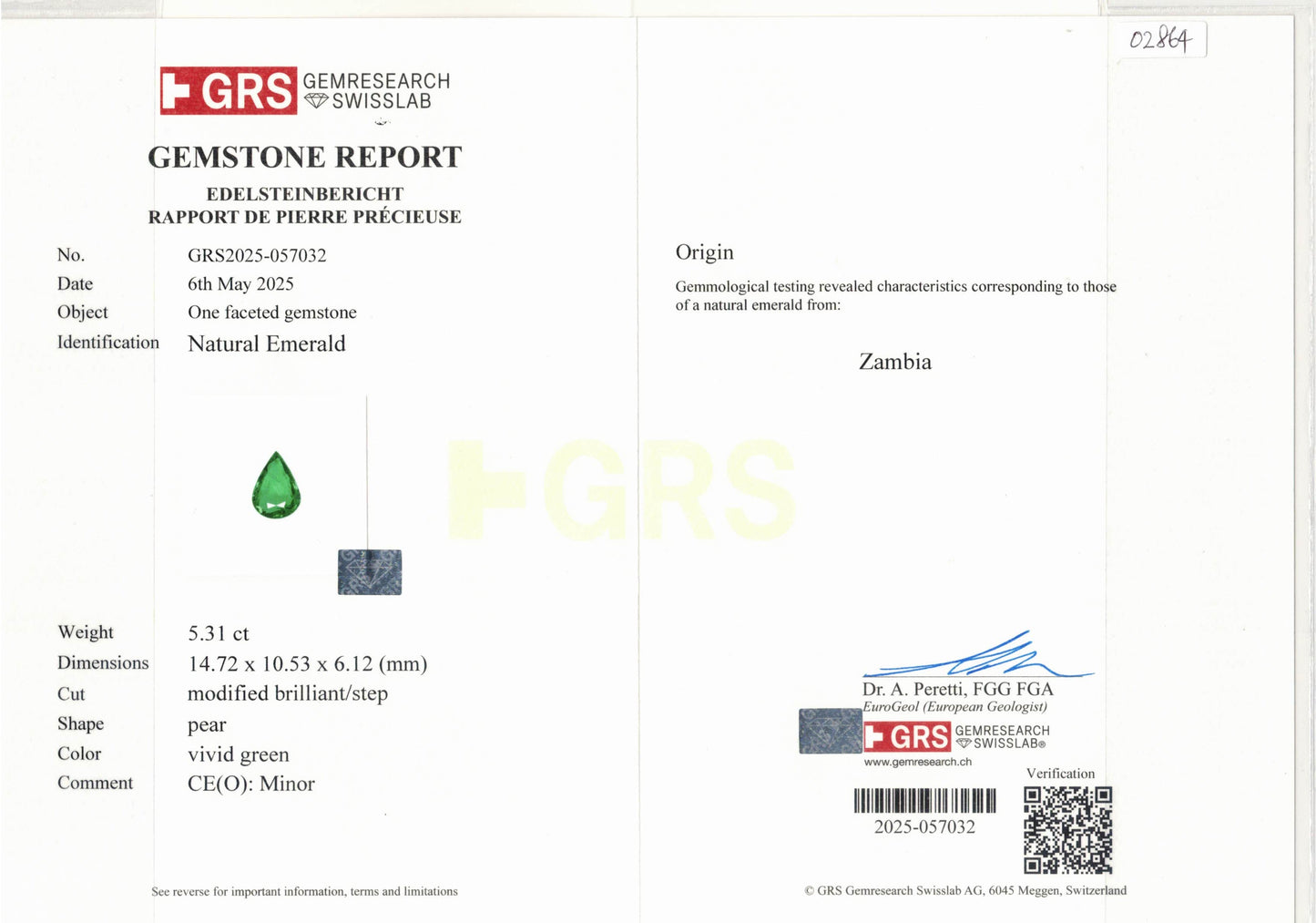 Natural Zambia Minor Emerald 5.31 cts Pear by SR-Takat