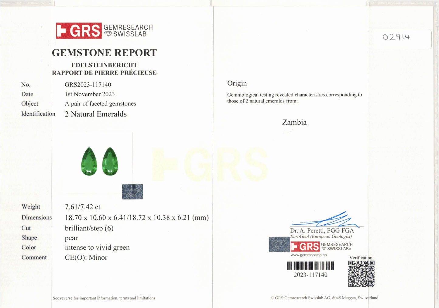 Natural Zambia Minor Emerald 15.03 cts Pear pair by SR-Takat