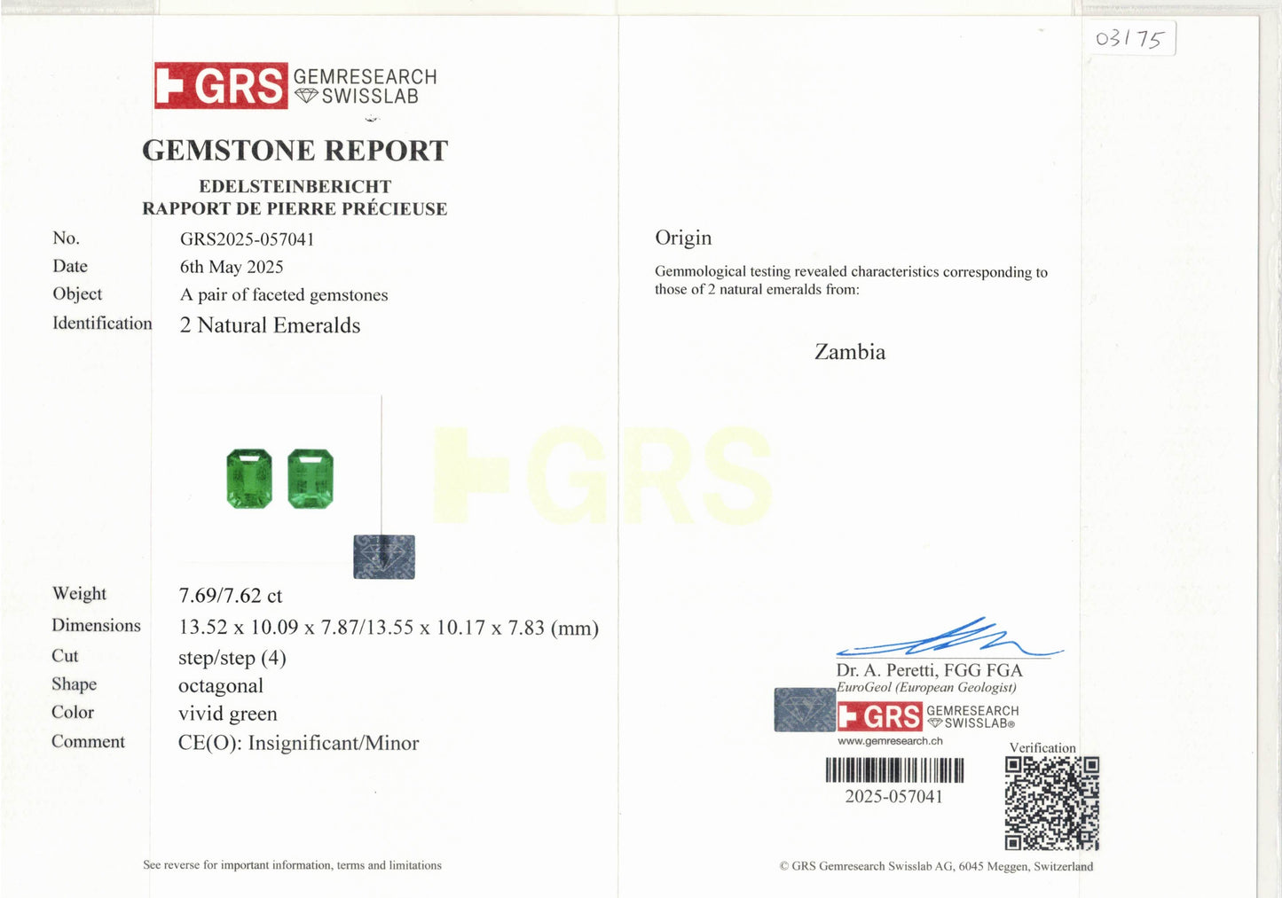 Natural Zambia Minor/Insig Emerald 15.31 cts Octagon pair by SR-Takat