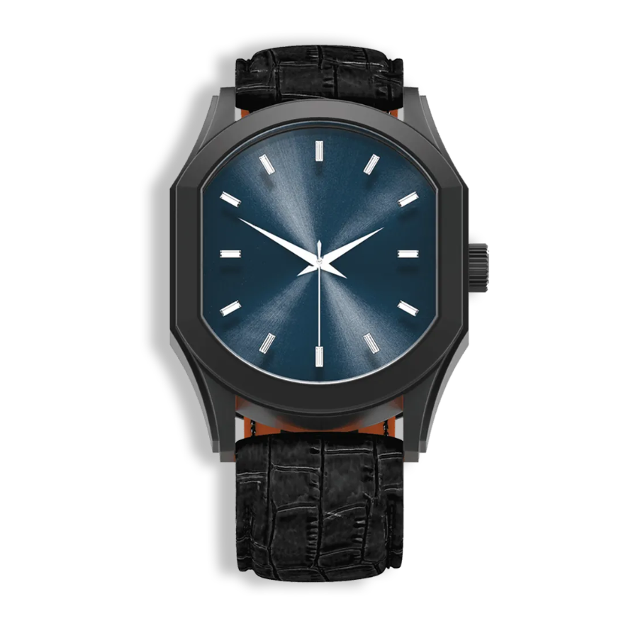 Connaissance Gents Automatic Watch – Blackened Steel Case with Dark Blue Sunray Dial & Black Leather Strap