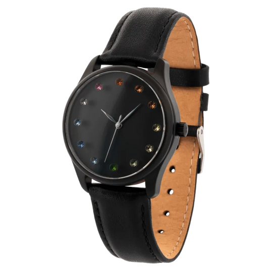 INTROSISTENCE Ladies Blackened Steel Watch with Sapphire Rainbow Markers