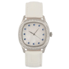 Determination Medium Quartz Watch – Steel Case with Diamond Bezel, Mother-of-Pearl Dial & White Leather Strap