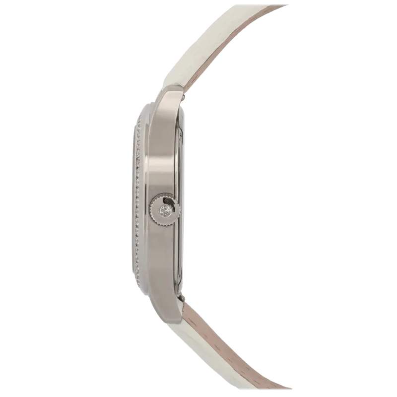 Determination Medium Quartz Watch – Steel Case with Diamond Bezel, Mother-of-Pearl Dial & White Leather Strap