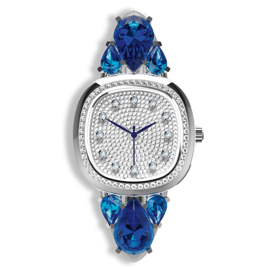 Ladies 18K White Gold Diamond & Blue Sapphire Luxury Watch | Swiss Quartz