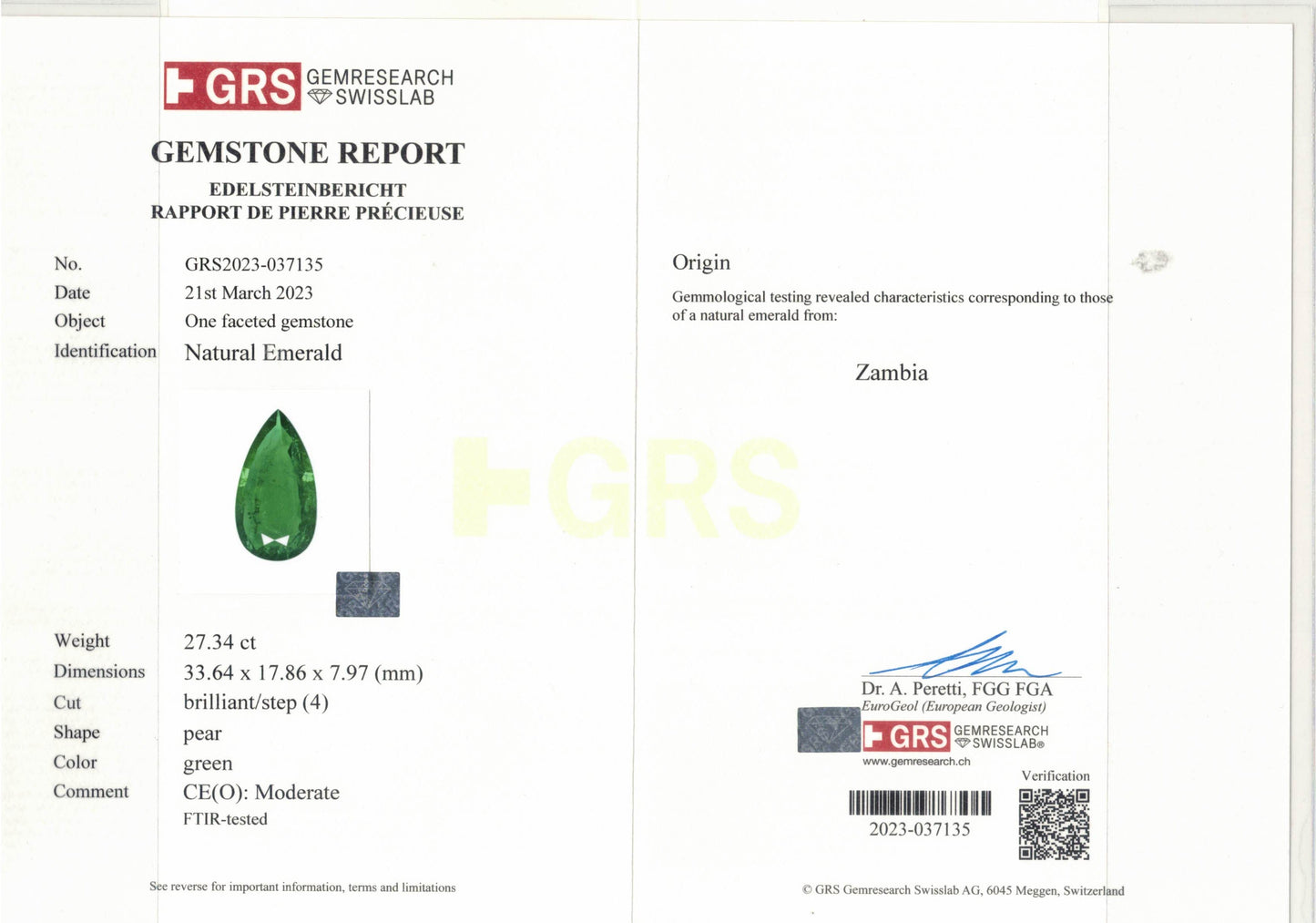 Natural Zambia Modearte Emerald 27.34 cts Pear by SR-Takat