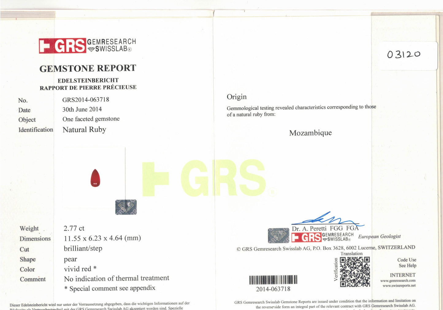 Natural Ruby No Heat Mozambique 2.77 cts Pear by SR-Takat