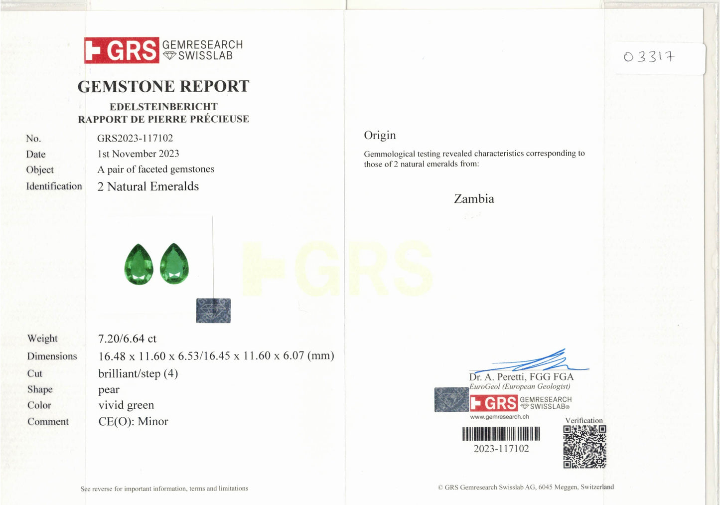 Natural Zambia Minor Emerald 13.84 cts Pear pair by SR-Takat