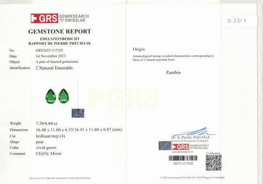 Natural Zambia Minor Emerald 13.84 cts Pear pair by SR-Takat