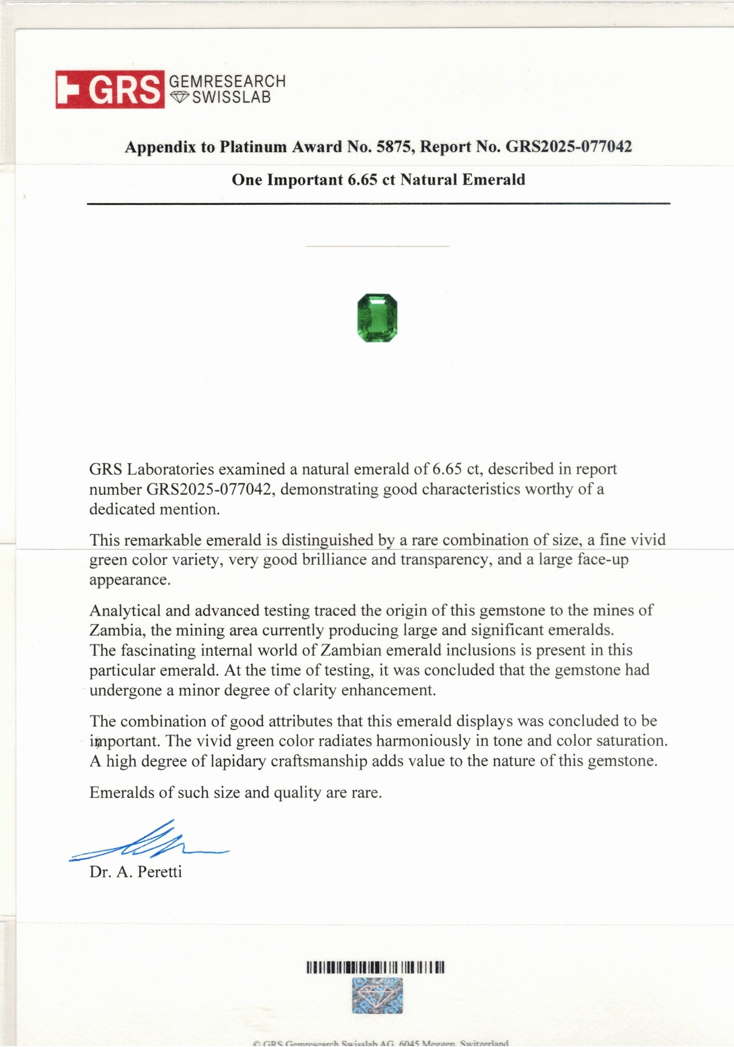 Natural Zambia Minor Emerald 6.65 cts Octagon by SR-Takat