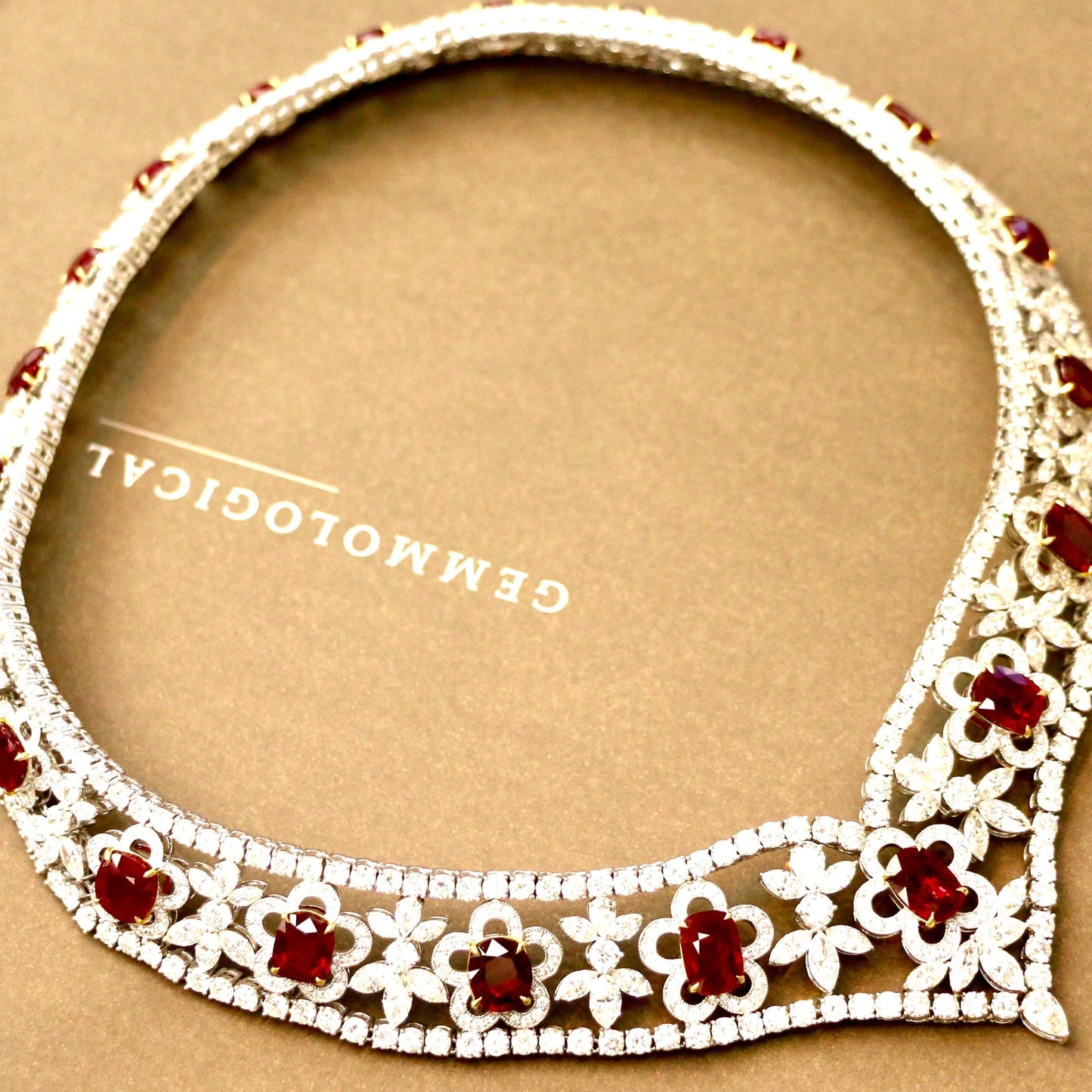 Natural Burmese Gubelin Pigeon Blood Ruby & Diamond 18k Gold Necklace 42.04 cts by SR-Takat