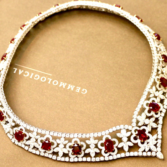 Natural Burmese Gubelin Pigeon Blood Ruby & Diamond 18k Gold Necklace 42.04 cts by SR-Takat