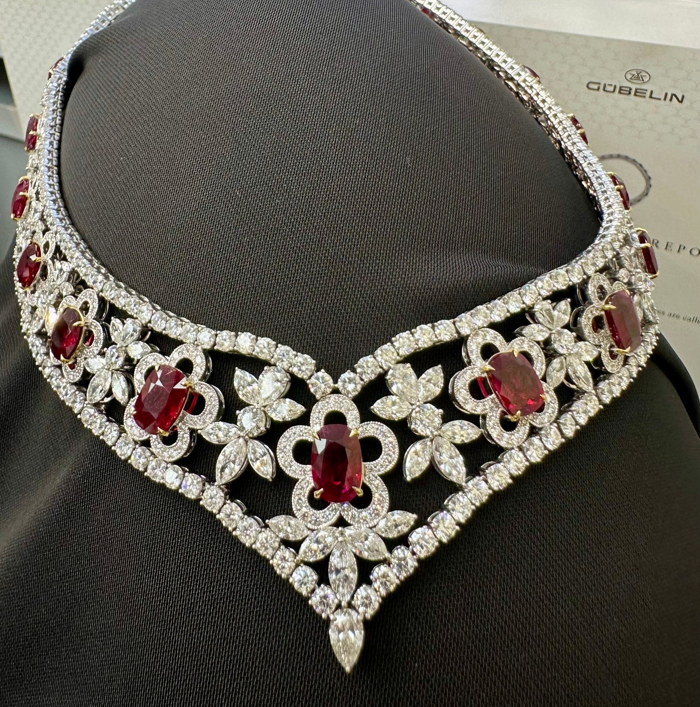 Natural Burmese Gubelin Pigeon Blood Ruby & Diamond 18k Gold Necklace 42.04 cts by SR-Takat