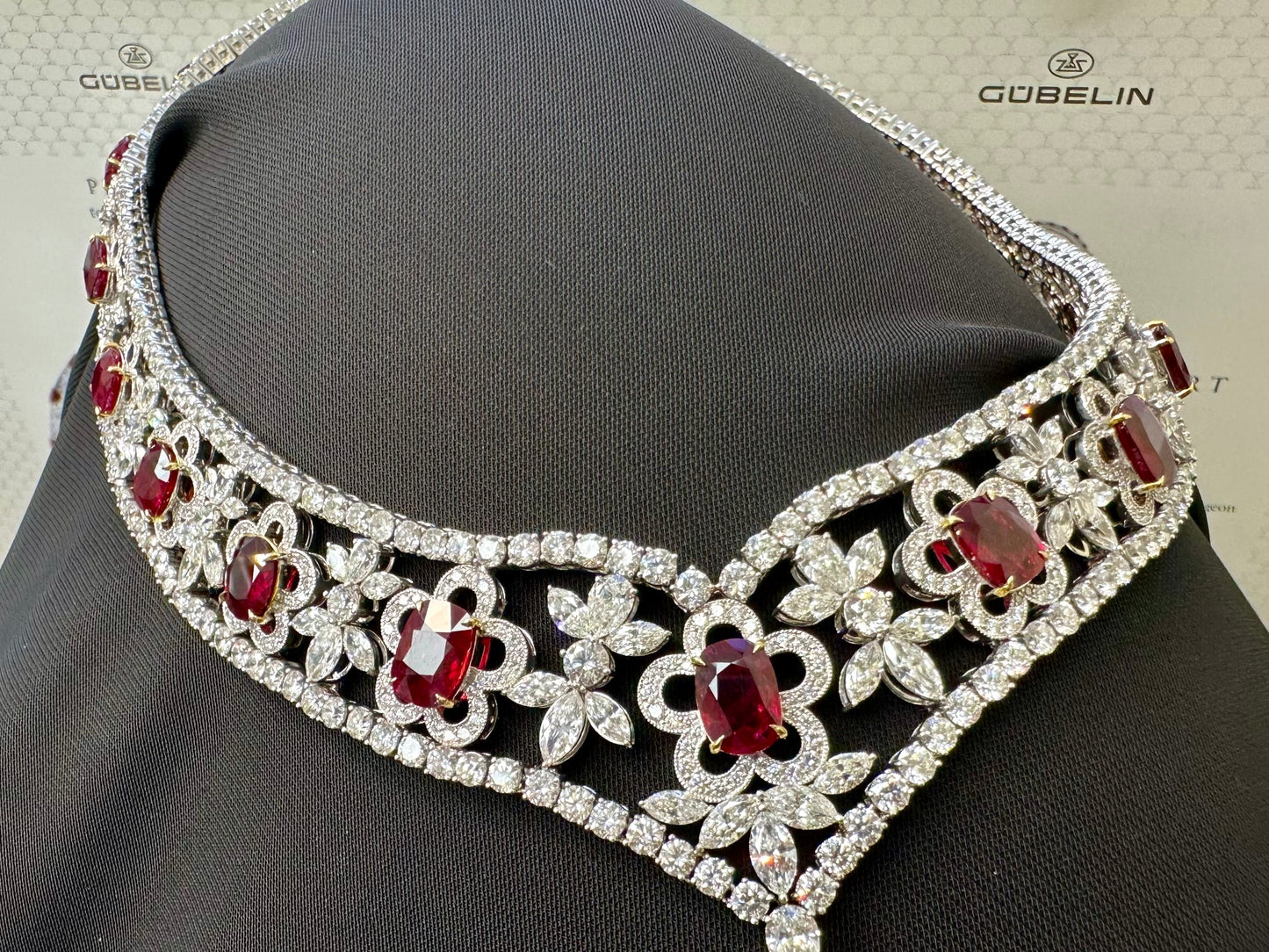 Natural Burmese Gubelin Pigeon Blood Ruby & Diamond 18k Gold Necklace 42.04 cts by SR-Takat