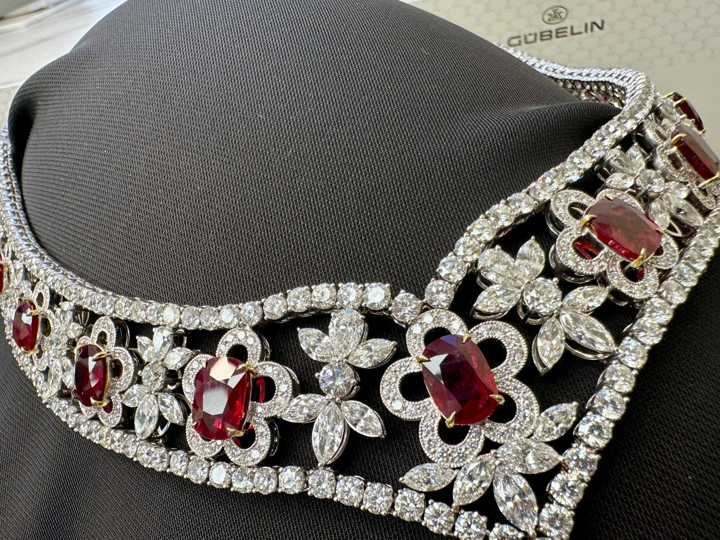 Natural Burmese Gubelin Pigeon Blood Ruby & Diamond 18k Gold Necklace 42.04 cts by SR-Takat