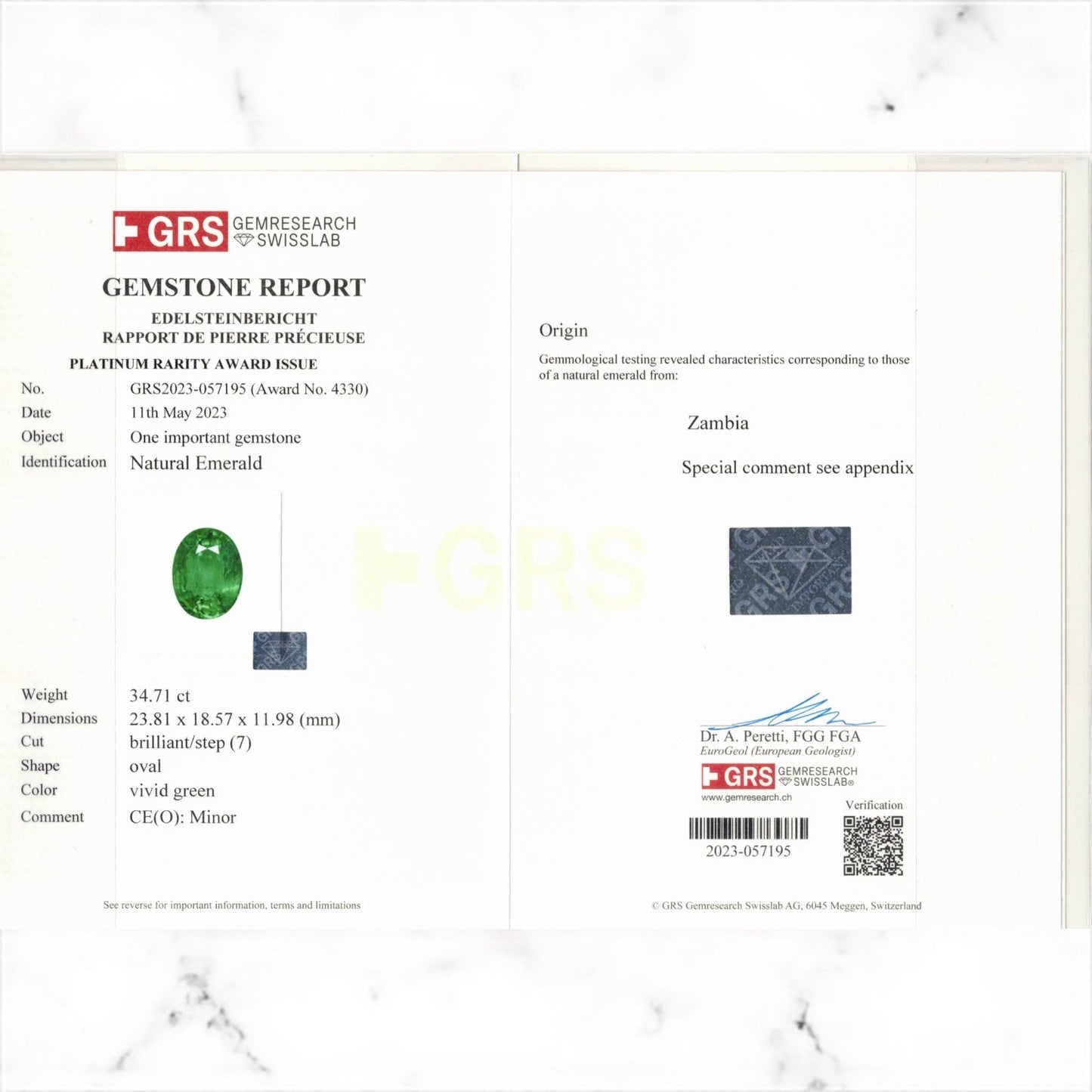 Natural Emerald 34 cts certified in Switzerland GRS Lab by SR-Takat