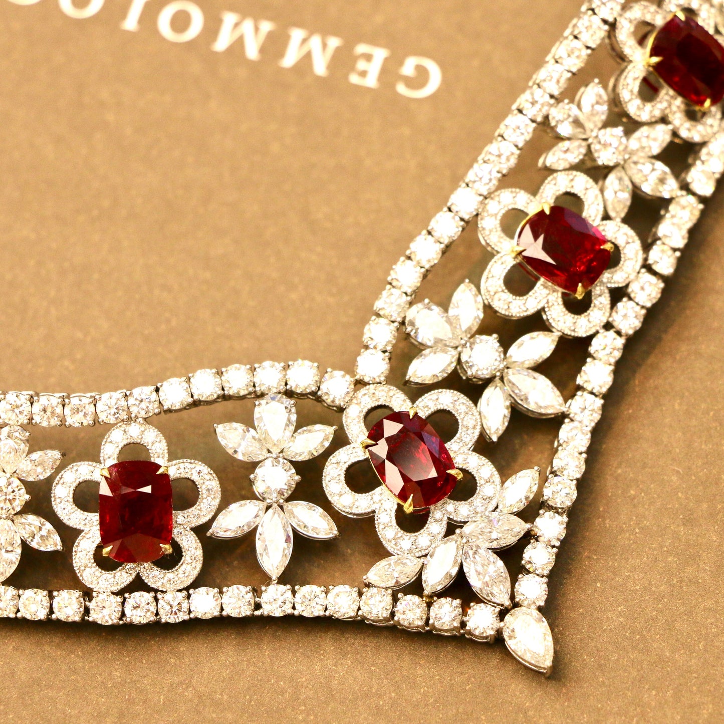 Natural Burmese Gubelin Pigeon Blood Ruby & Diamond 18k Gold Necklace 42.04 cts by SR-Takat