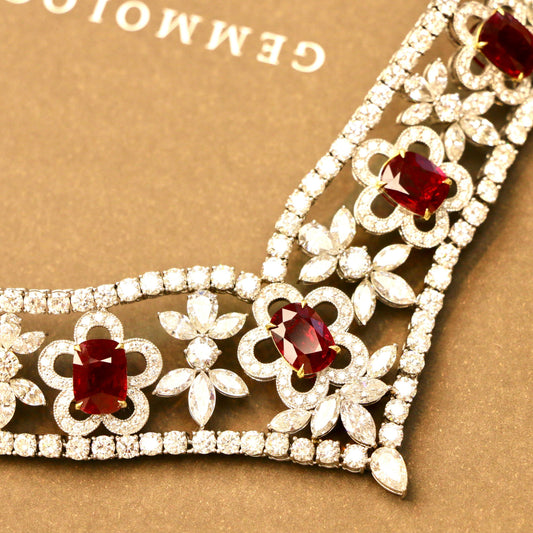 Natural Burmese Gubelin Pigeon Blood Ruby & Diamond 18k Gold Necklace 42.04 cts by SR-Takat