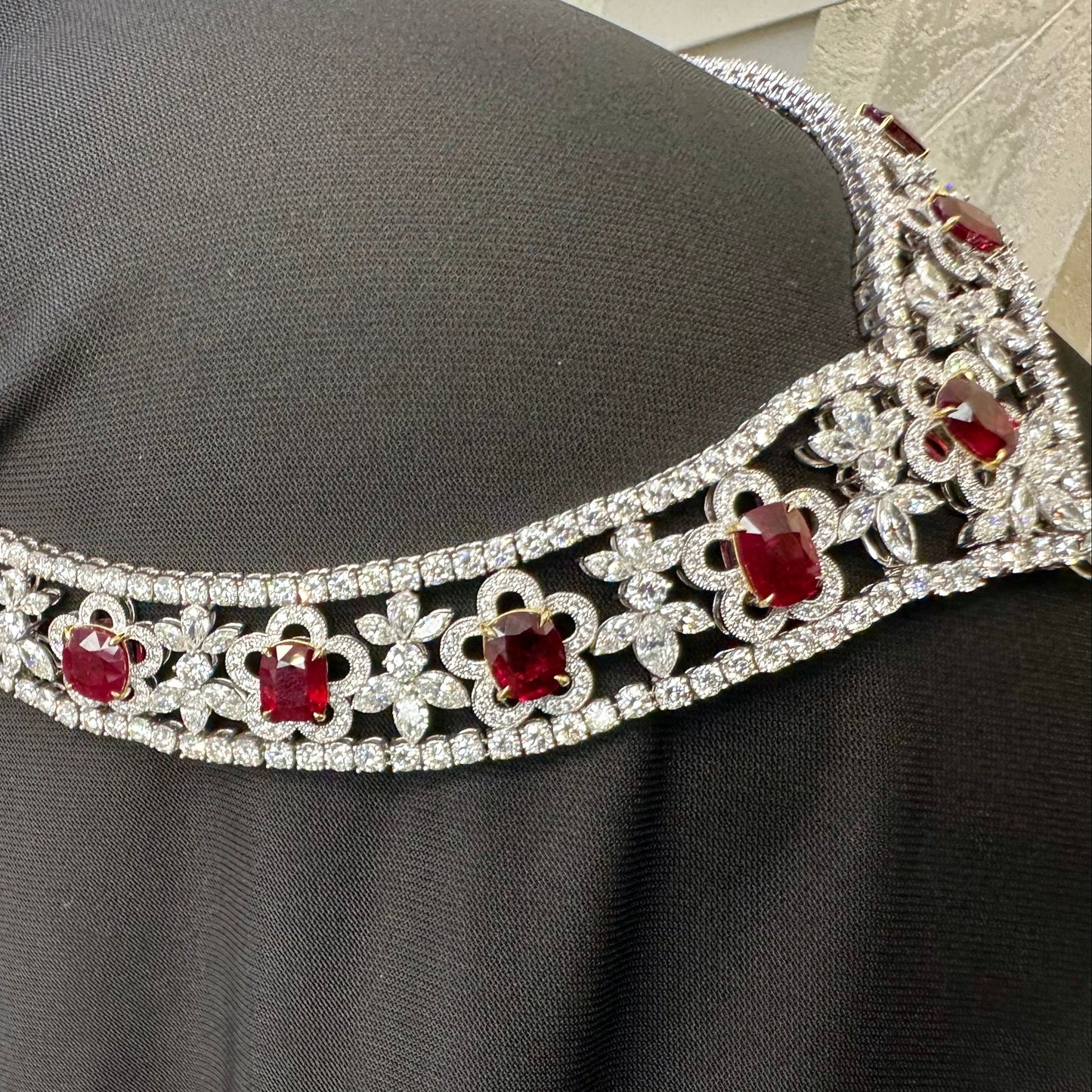 Natural Burmese Gubelin Pigeon Blood Ruby & Diamond 18k Gold Necklace 42.04 cts by SR-Takat