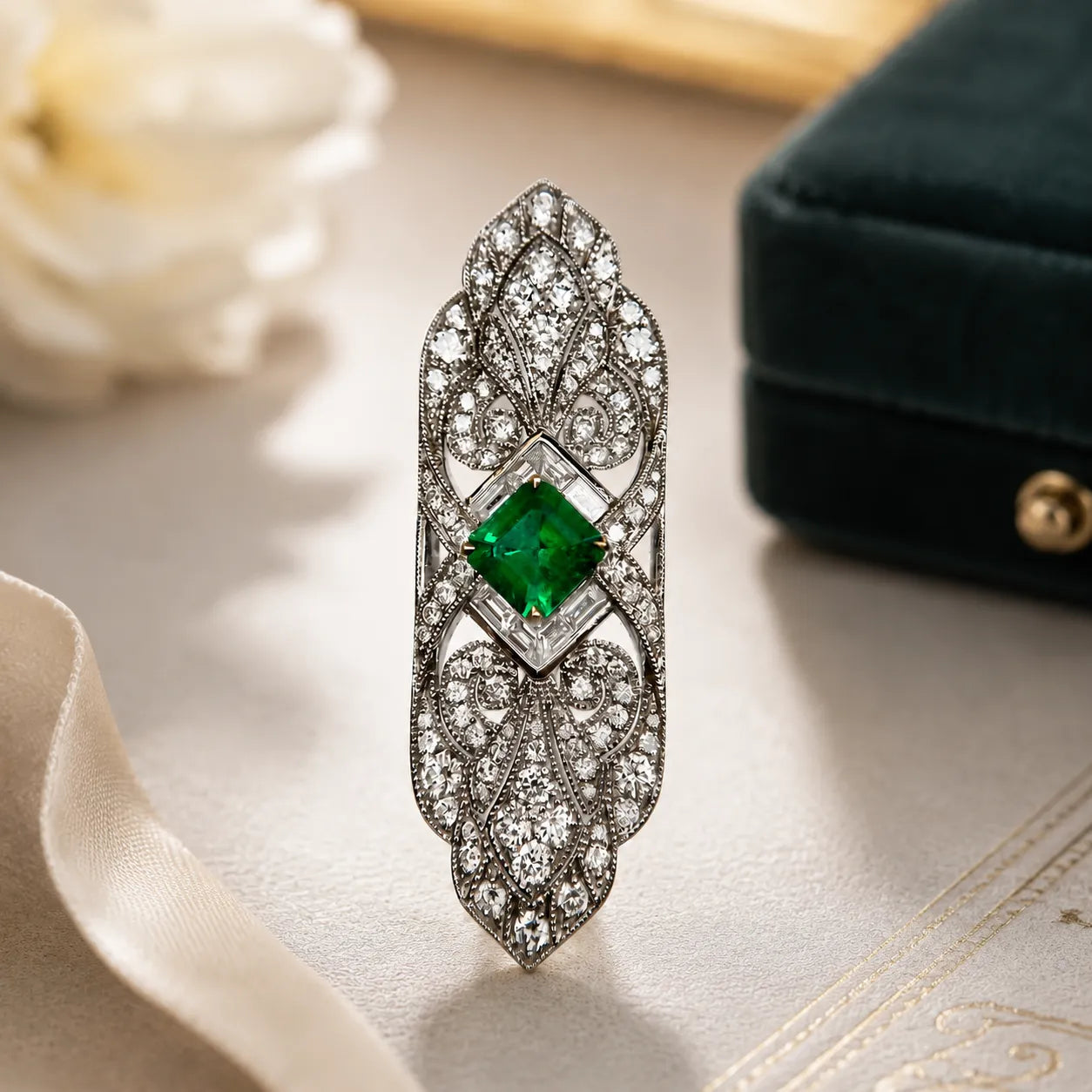 Art Deco Vintage Natural Emerald & Natural Diamond Brooch