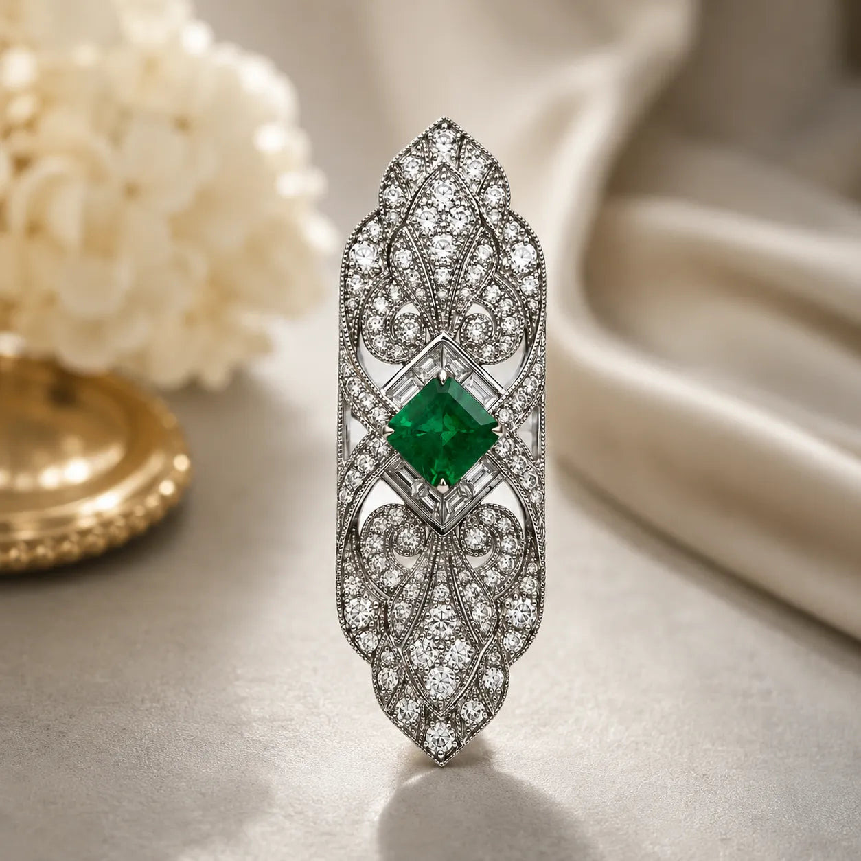 Art Deco Vintage Natural Emerald & Natural Diamond Brooch