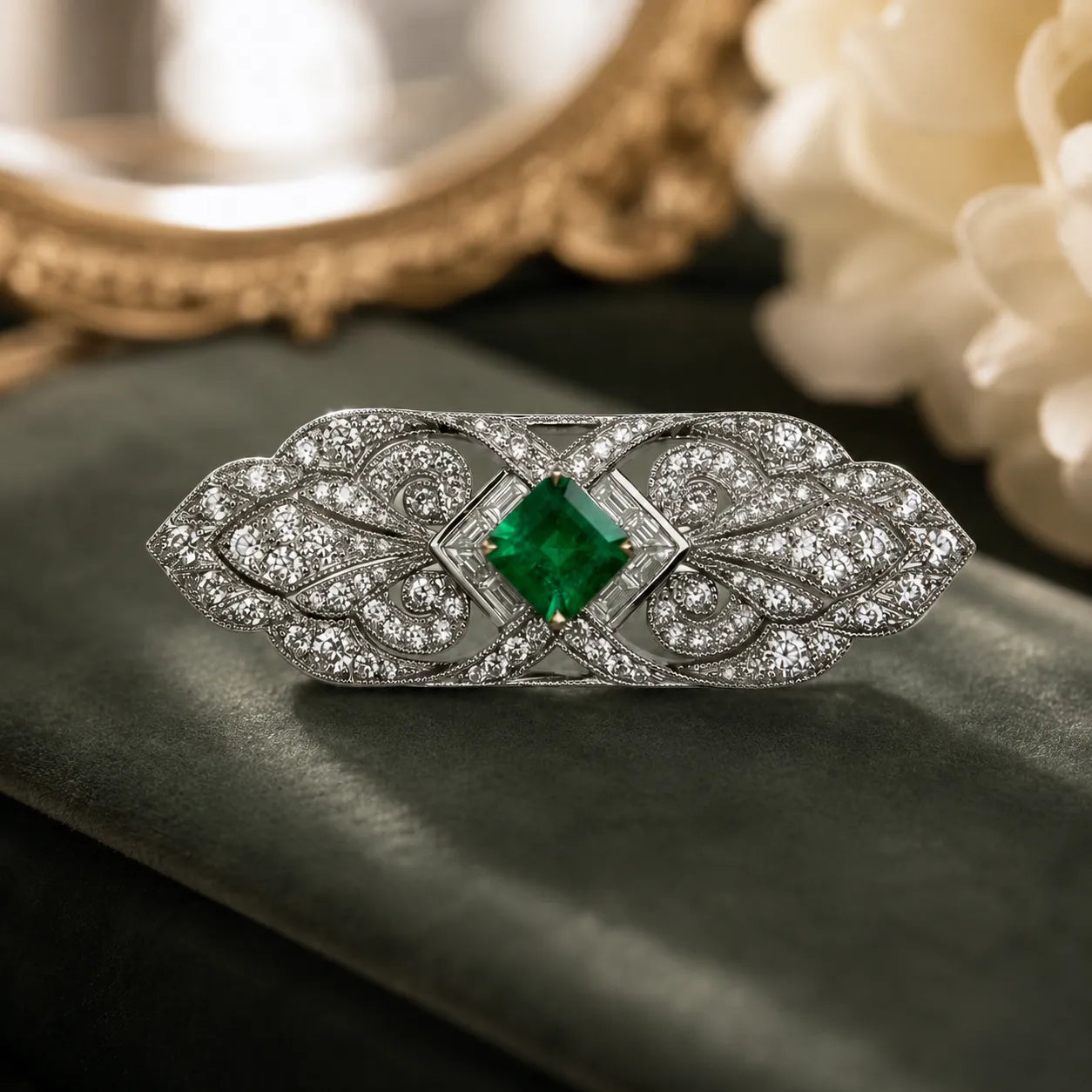 Art Deco Vintage Natural Emerald & Natural Diamond Brooch