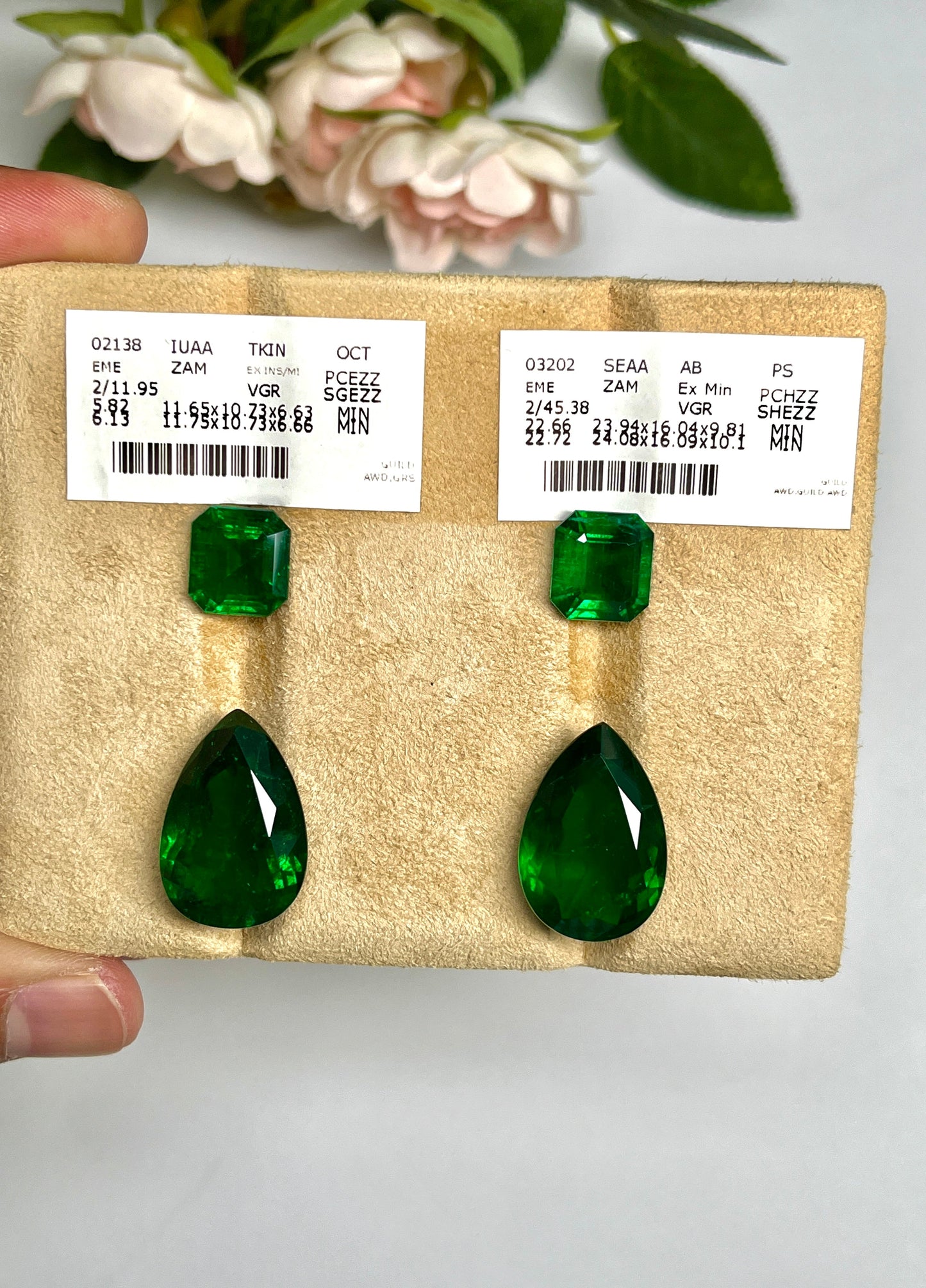 Natural Zambia Minor Emerald 11.95 cts Octagon pair & 45.38 Pear pair by SR-Takat