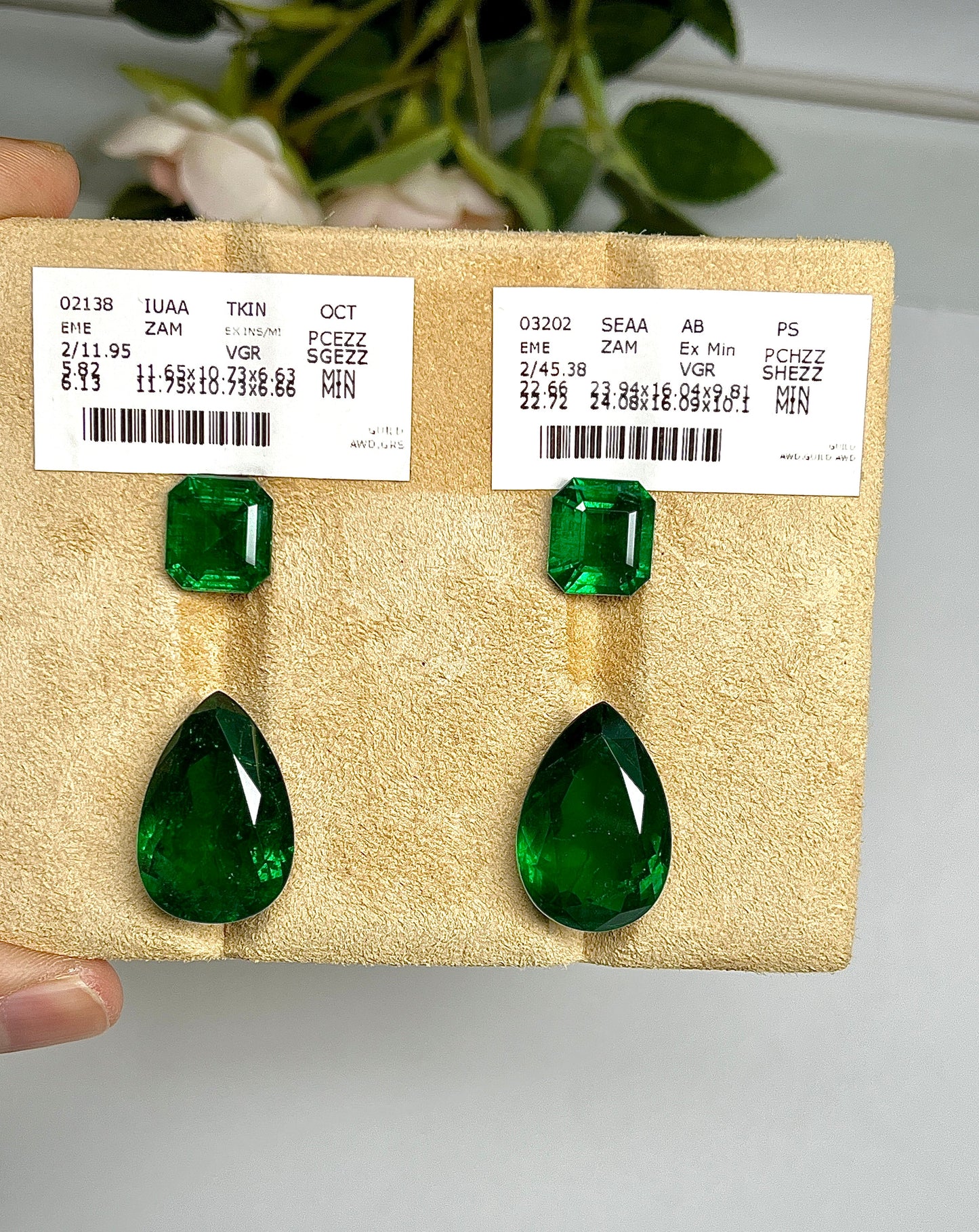 Natural Zambia Minor Emerald 11.95 cts Octagon pair & 45.38 Pear pair by SR-Takat