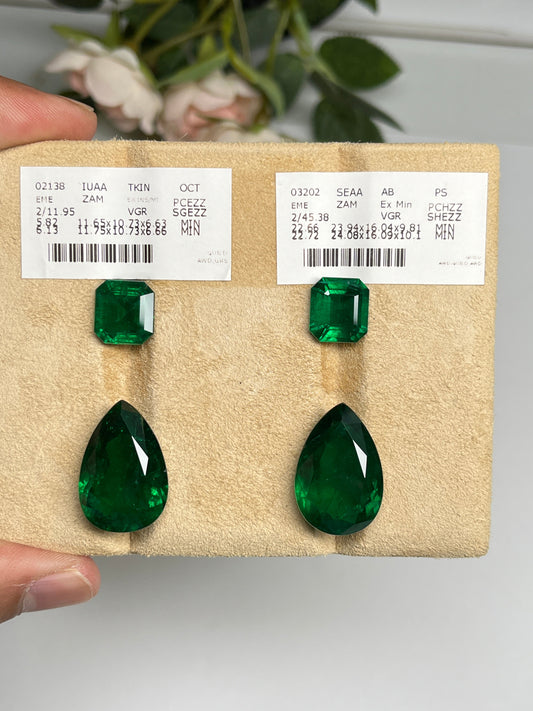 Natural Zambia Minor Emerald 11.95 cts Octagon pair & 45.38 Pear pair by SR-Takat