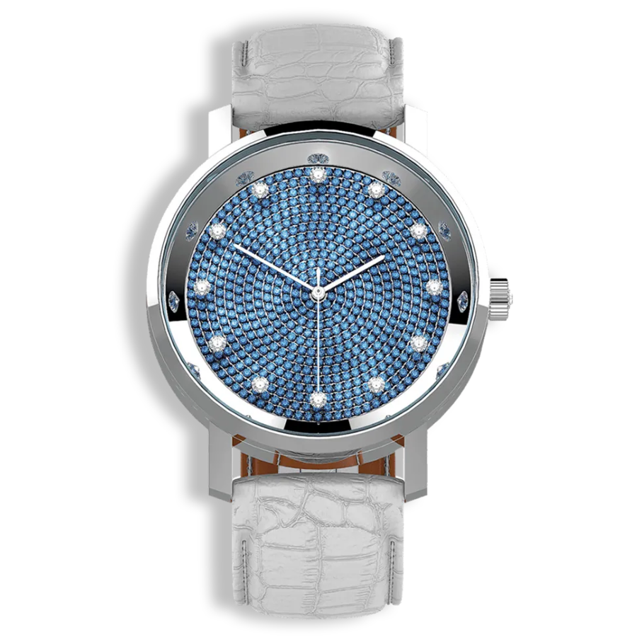Lucidity Gents Blue Sapphire Diamond Dial Automatic & Quartz Luxury Watch – White Leather Strap | W-003