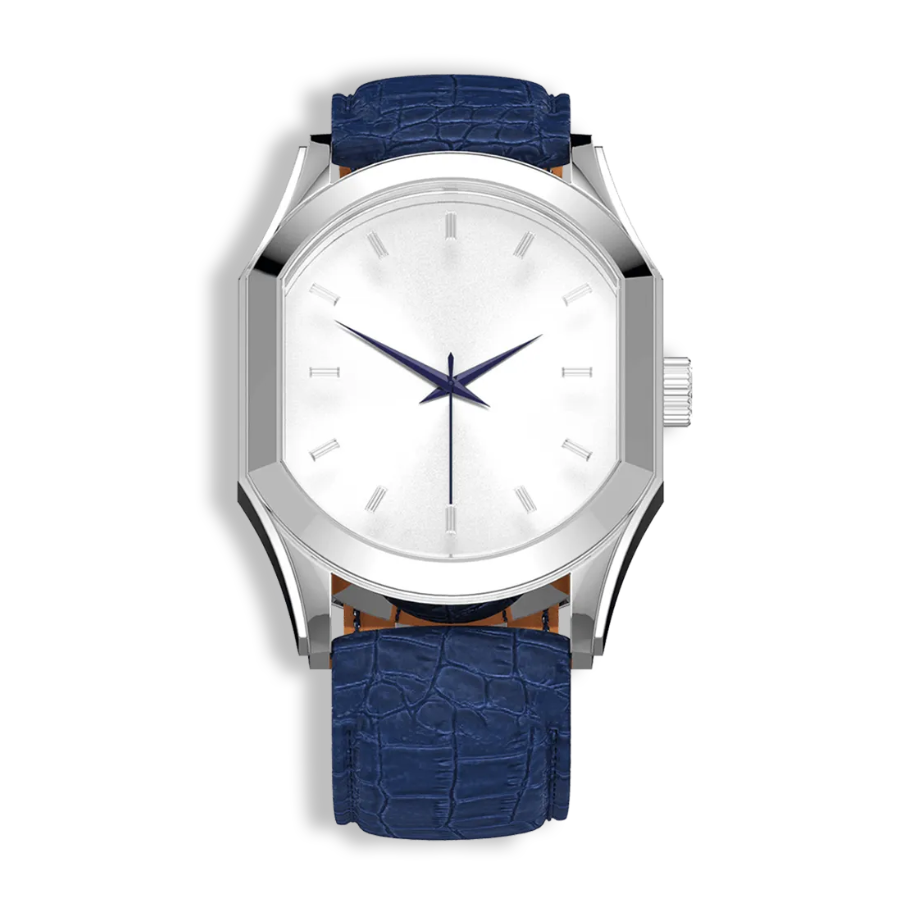 Connaissance Gents Automatic Watch – Steel Case with Silver Sunray Dial & Dark Blue Leather Strap