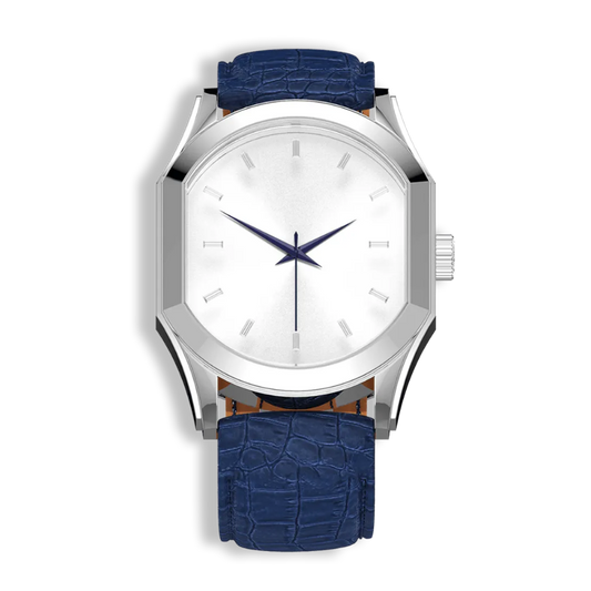 Connaissance Gents Automatic Watch – Steel Case with Silver Sunray Dial & Dark Blue Leather Strap