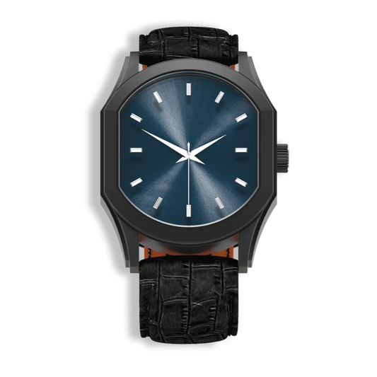 Connaissance Gents Automatic Watch – Blackened Steel Case with Dark Blue Sunray Dial & Black Leather Strap