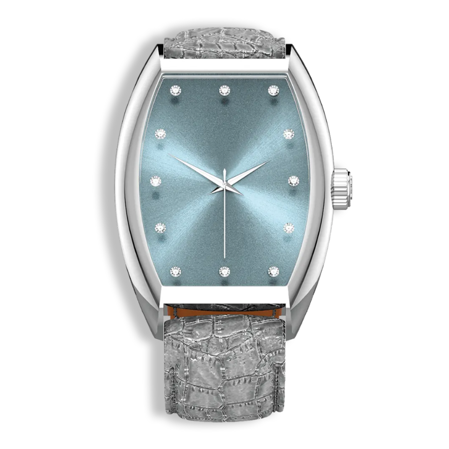 Realization Gents Quartz Luxury Watch | Steel Case, Light Blue Sunray Dial & Grey Embossed Leather Strap