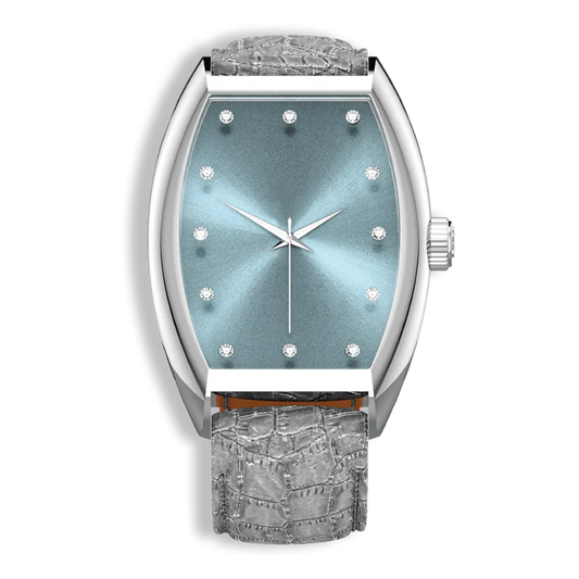 Realization Gents Quartz Luxury Watch | Steel Case, Light Blue Sunray Dial & Grey Embossed Leather Strap