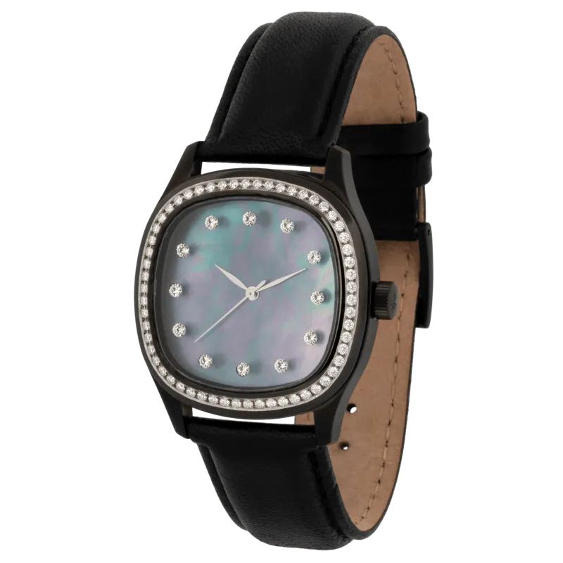 Determination Medium Luxury Diamond Watch | Blackened Steel, Mother of Pearl Dial & Black Leather Strap