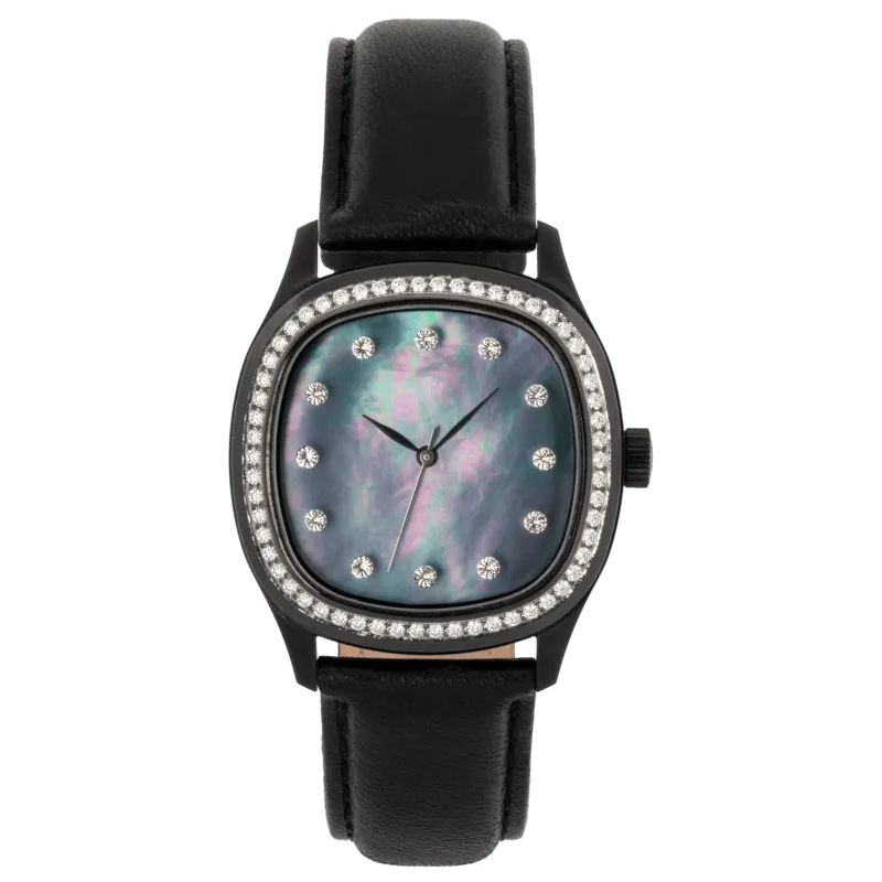Determination Medium Luxury Diamond Watch | Blackened Steel, Mother of Pearl Dial & Black Leather Strap