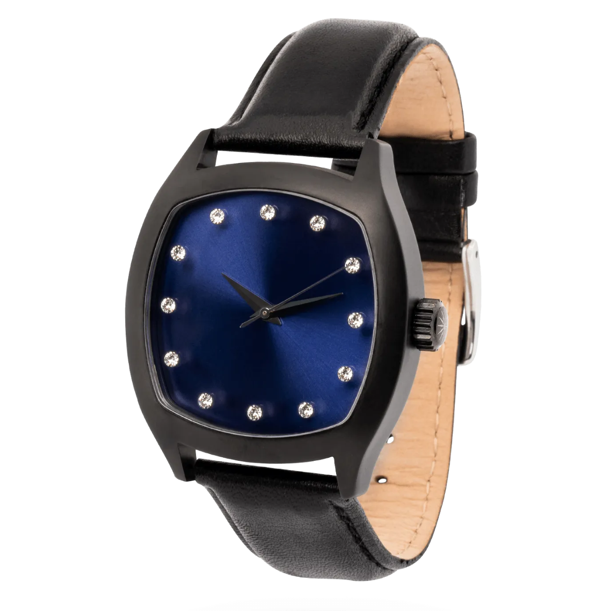 Determination Gents Automatic Luxury Watch | Blackened Steel, Blue Sunray Dial & Black Leather Strap
