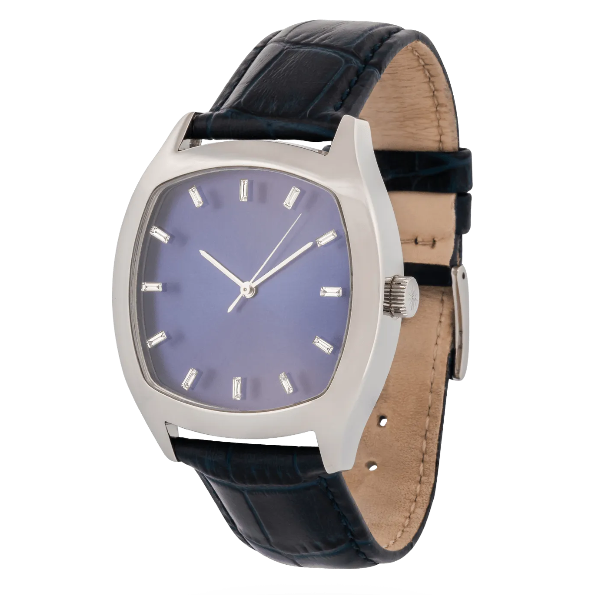 Ladies Blackened Steel Blue Sunray Diamond Luxury Watch | Swiss Automatic | Black Leather Strap