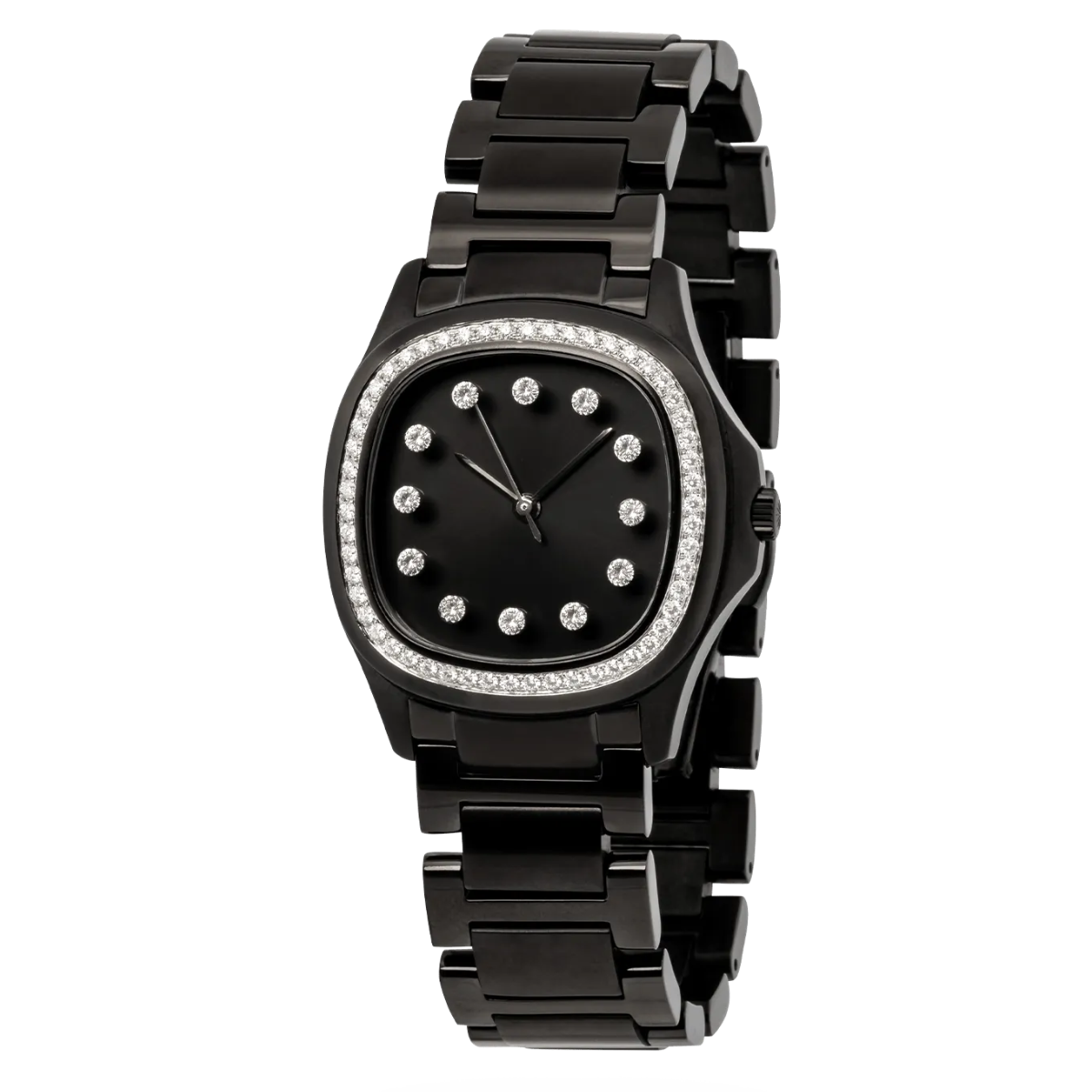 Niveau Élevé Determination WA-026 Black Steel Quartz Ladies Watch with Diamond Bezel & Black Sunray Dial