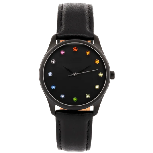 INTROSISTENCE Ladies Blackened Steel Watch with Sapphire Rainbow Markers