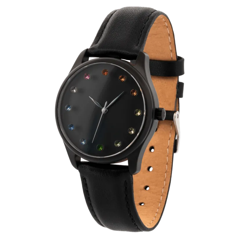 INTROSISTENCE Ladies Blackened Steel Watch with Sapphire Rainbow Markers