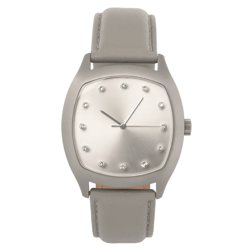 Determination Gents Watch – Matte Steel Case with Silver Sunray Dial & Grey Leather Strap