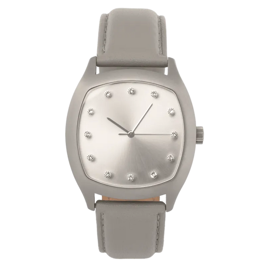 Determination Gents Watch – Matte Steel Case with Silver Sunray Dial & Grey Leather Strap