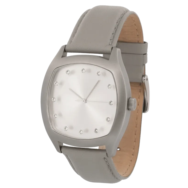 Determination Gents Watch – Matte Steel Case with Silver Sunray Dial & Grey Leather Strap