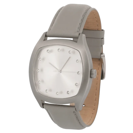 Determination Gents Watch – Matte Steel Case with Silver Sunray Dial & Grey Leather Strap