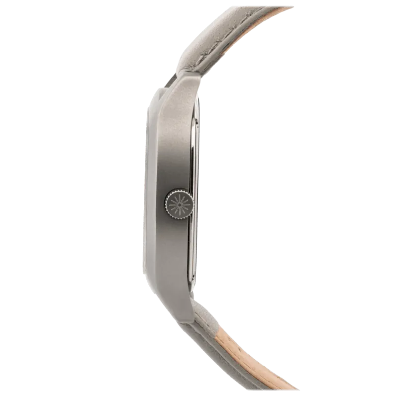 Determination Gents Watch – Matte Steel Case with Silver Sunray Dial & Grey Leather Strap
