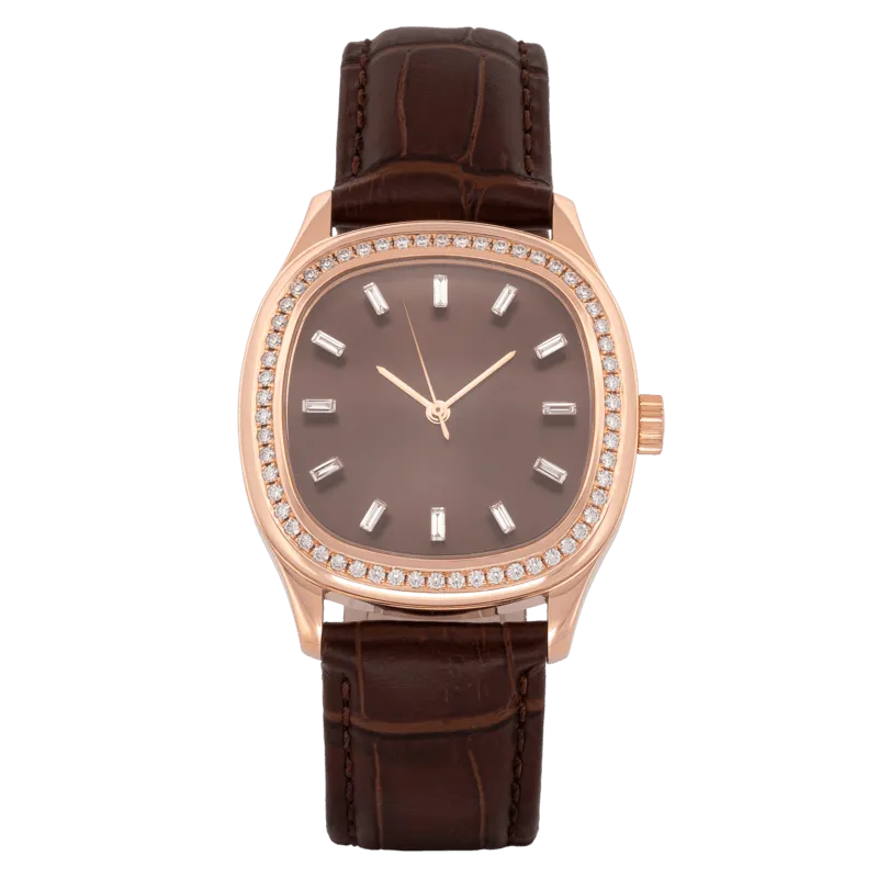 Determination Medium Automatic Watch – 18K Rose Gold Case with Diamond Bezel & Brown Leather Strap