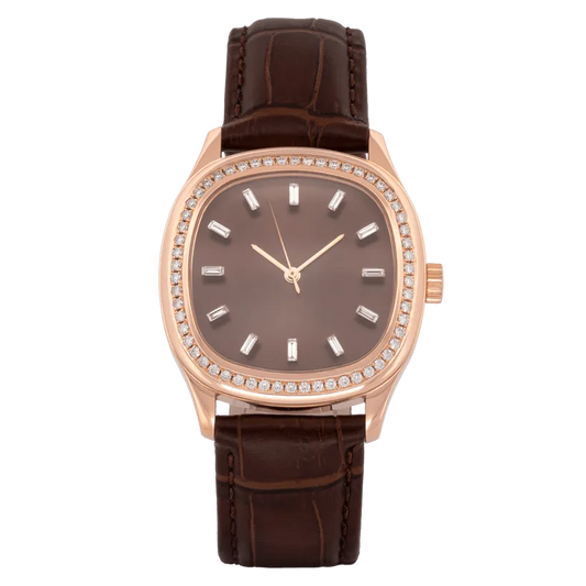 Determination Medium Automatic Watch – 18K Rose Gold Case with Diamond Bezel & Brown Leather Strap