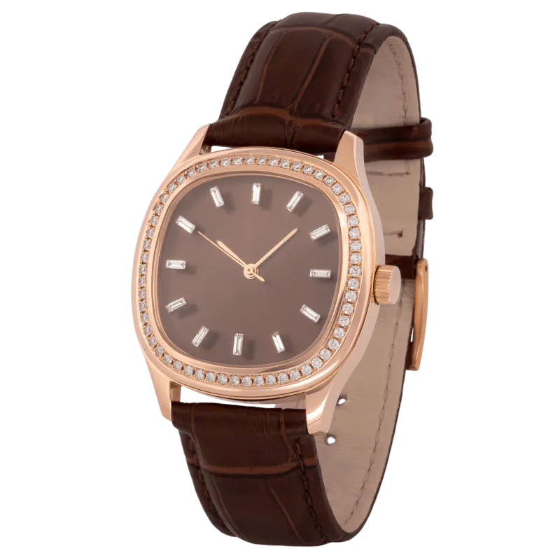 Determination Medium Automatic Watch – 18K Rose Gold Case with Diamond Bezel & Brown Leather Strap