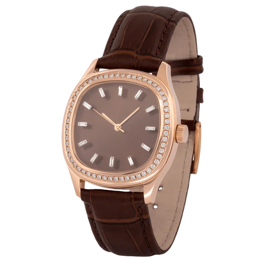 Determination Medium Automatic Watch – 18K Rose Gold Case with Diamond Bezel & Brown Leather Strap